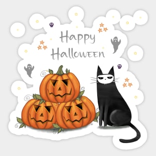 Halloween cute black cat and spooky pumpkin. Sticker